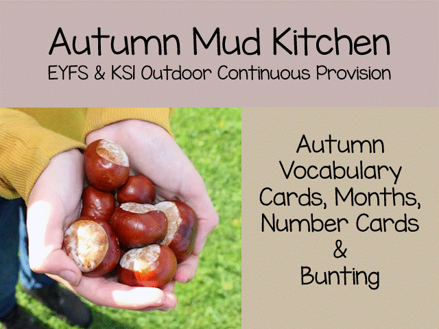 Autumn Mud Kitchen Set: EYFS Outdoor Learning Numbers, Vocabulary & Bunting