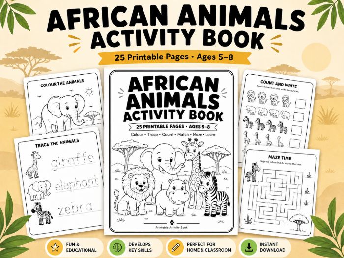 African Animals Activity Book Ages 5–8