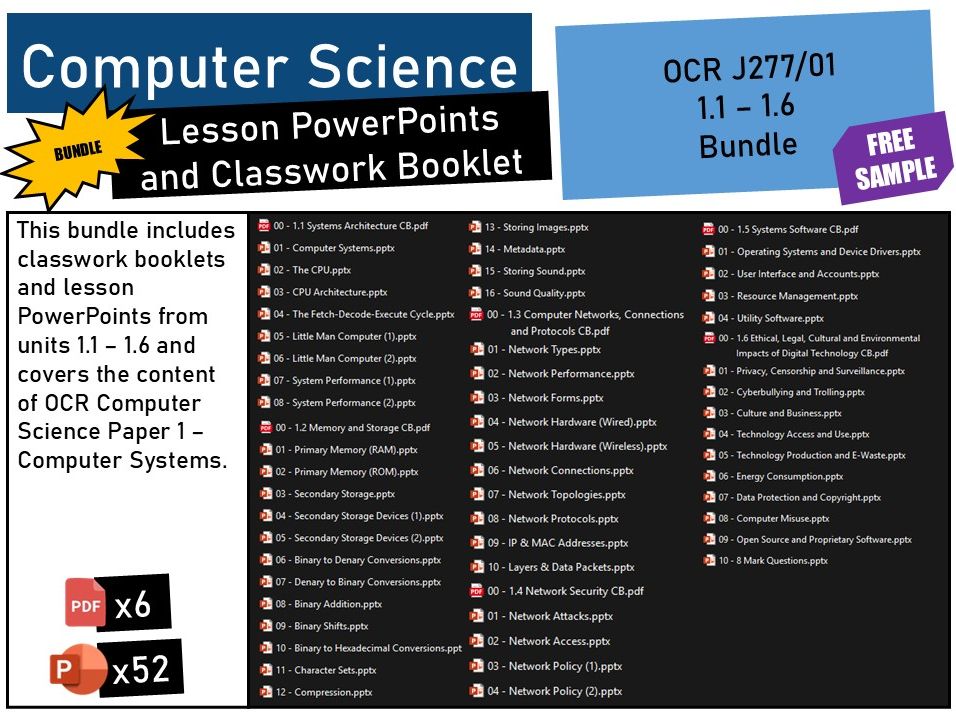 OCR GCSE Computer Science (J277/01) 1.1 - 1.6 Lesson PowerPoints and Classwork Booklet BUNDLE