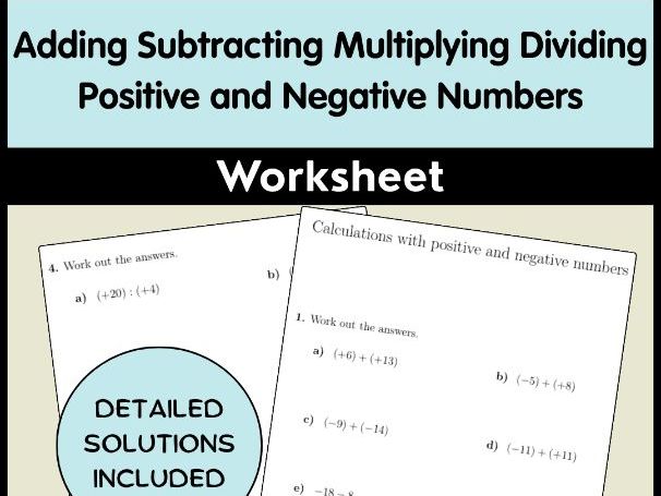 Adding Subtracting Multiplying Dividing Positive and Negative Numbers Worksheet