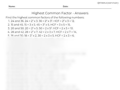 Prime Factors, HCF and LCM Worksheet