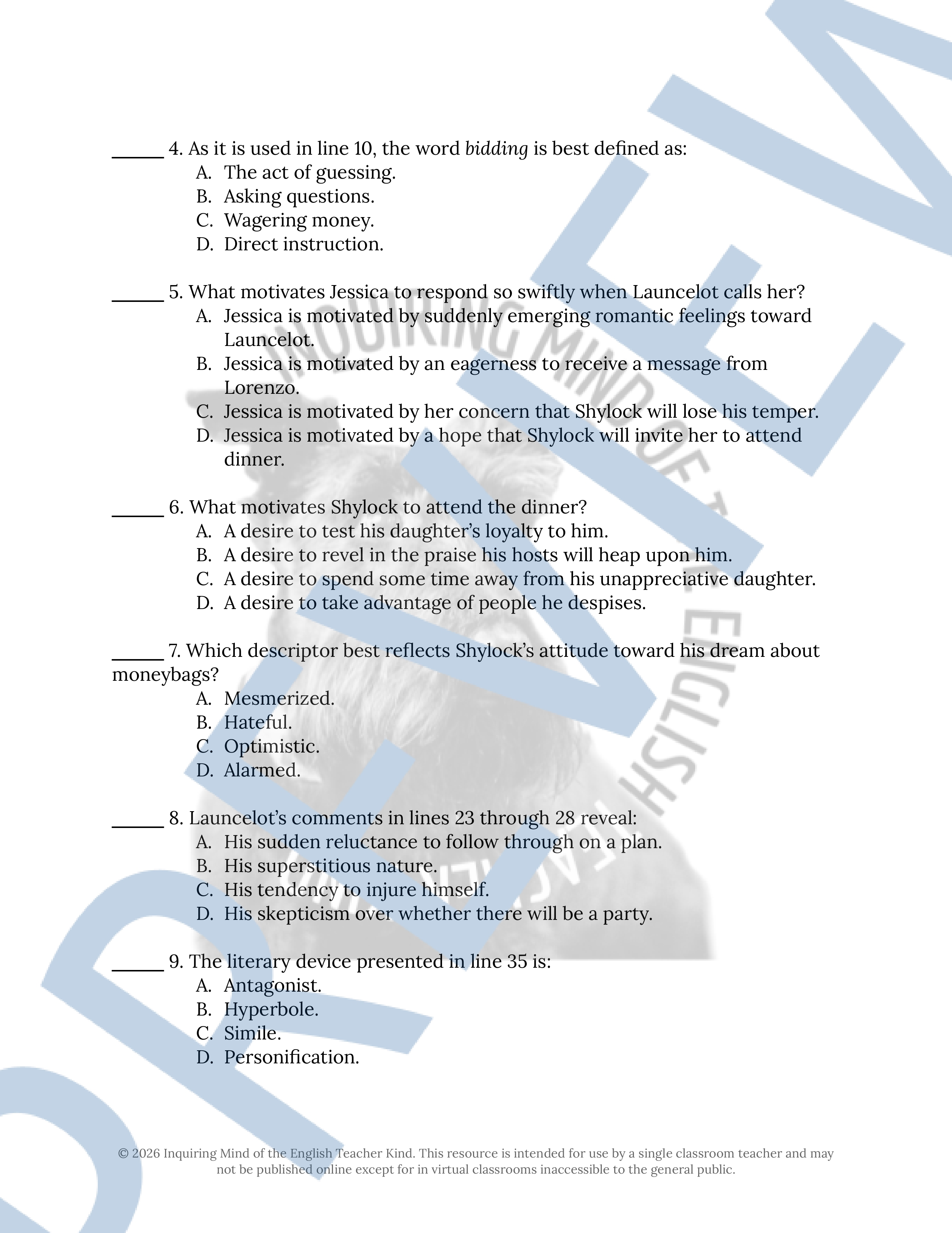 The Merchant of Venice Act 2 Scene 5 Close Reading Analysis Worksheet ...