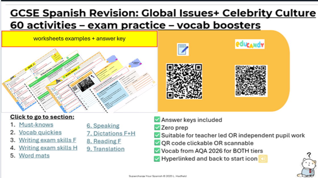 GCSE Spanish Revision- 60 activities: "Environment + Celebrity culture"