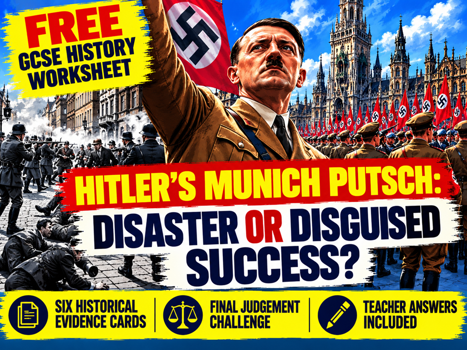 FREE GCSE Weimar & Nazi Germany Worksheet | Munich Putsch 1923 | Disaster or Disguised Success?