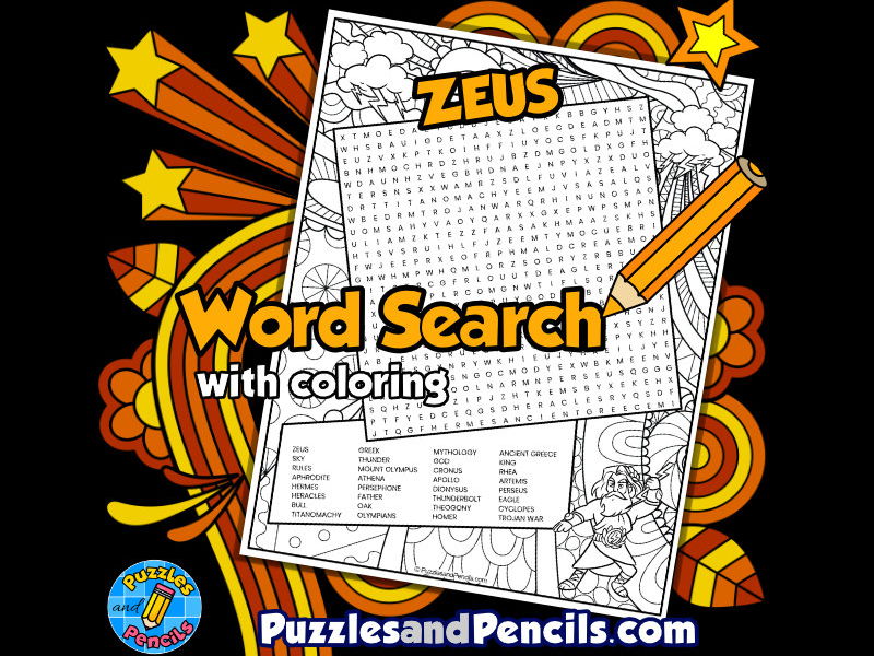 Zeus Word Search Puzzle with Colouring | Greek Mythology Wordsearch
