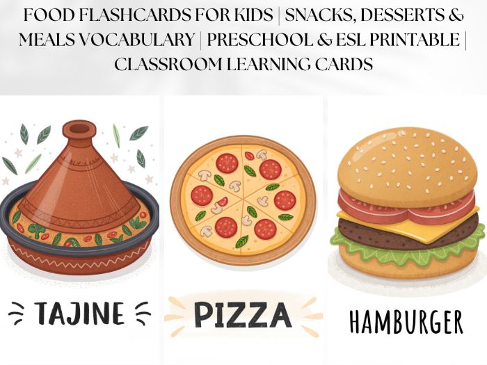 Food Flashcards for Kids | Snacks, Desserts & Meals Vocabulary | Preschool & ESL Printable