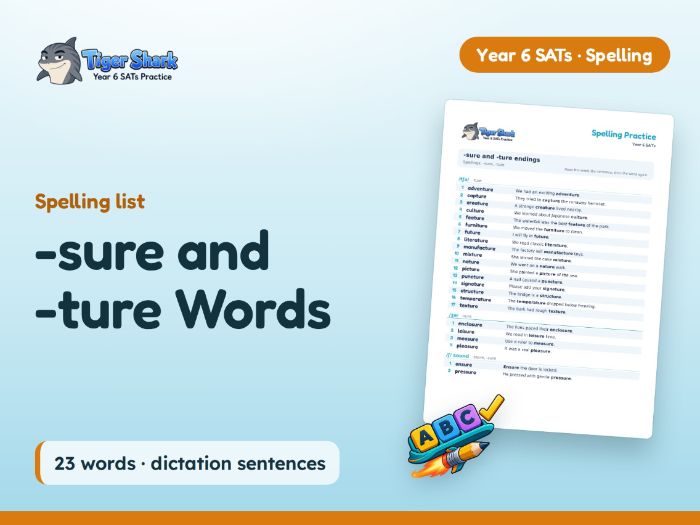 -sure and -ture Words: Year 6 Spelling List