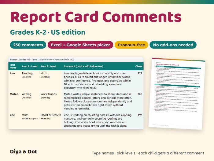 Report Card Comments K-2 (US) + Picker