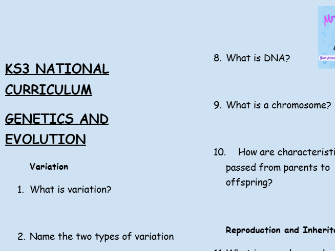 KS3 Science Retrieval Practice – Genetics and Evolution (30 Questions + Answers)