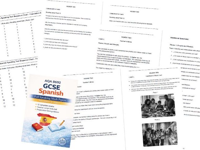AQA GCSE Spanish Speaking Style Papers (F+H) + Teacher script + Extra questions + Sequence chart