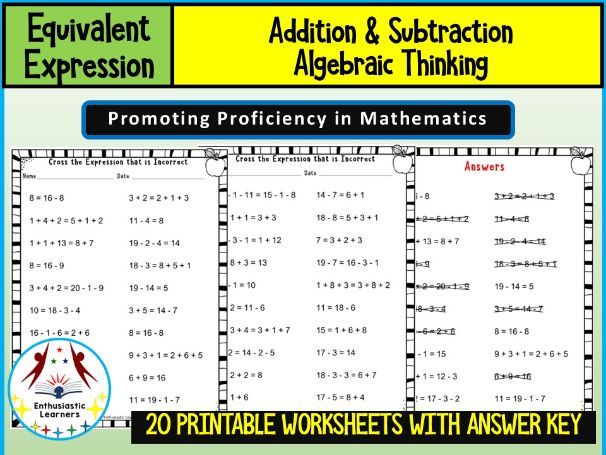 Equivalent Expressions Worksheets | Addition & Subtraction | Algebraic Thinking | PDF Printables Mat