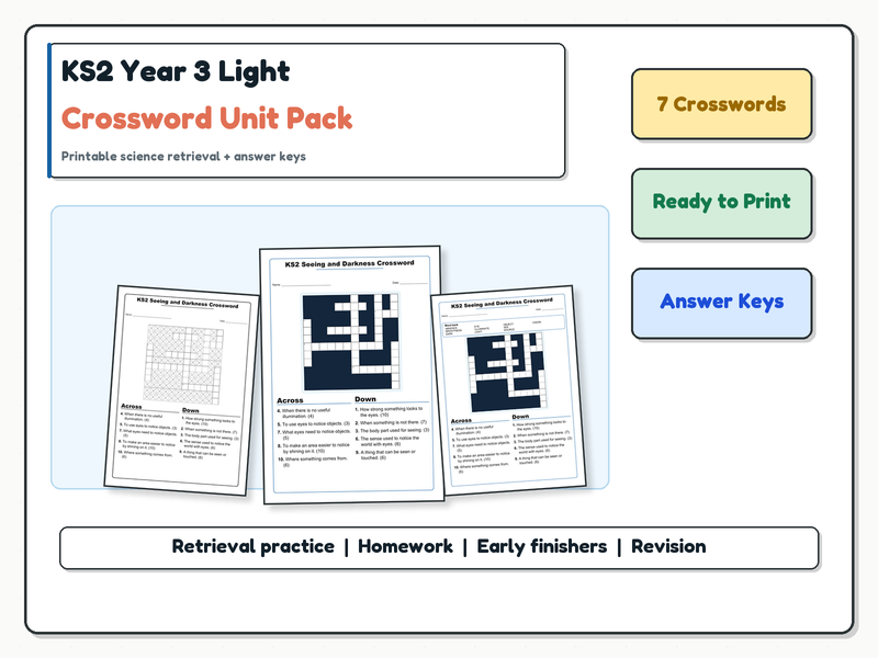 KS2 Year 3 Light Crossword Unit Pack | 7 Printable Science Crosswords + Answer Keys