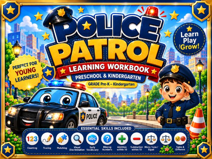 Police Patrol Learning Workbook | Preschool Math, Tracing & Matching Activities | Pre-K Kindergarten