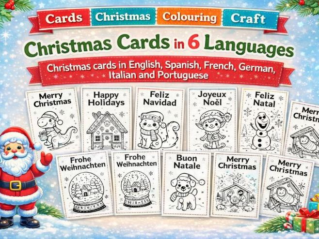 Cute Christmas cards in English, Spanish, French, German, Italian and Portuguese