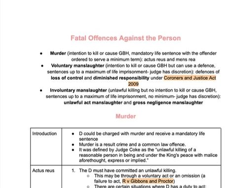 OCR A-Level Law Paper 1: Fatal Offences Against the Person A* Revision Notes