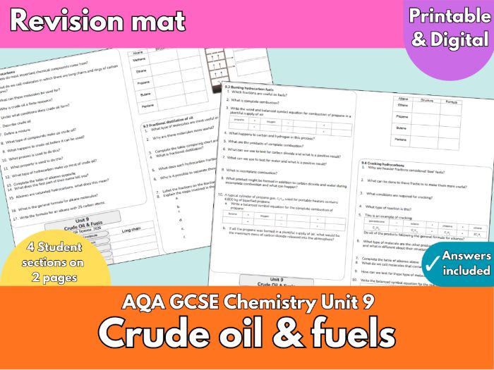 AQA GCSE Chemistry Unit 9 | Crude Oil & Hydrocarbons Revision Mat | Fractional Distillation & Crac