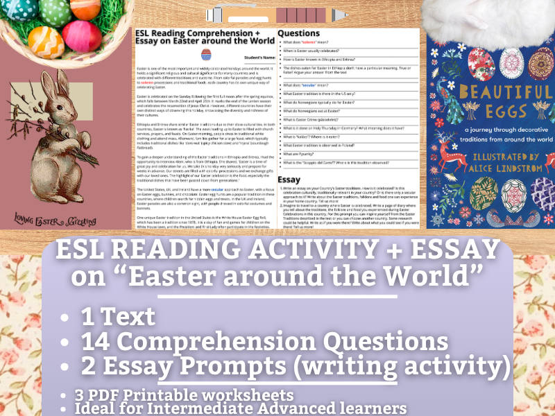 ESL Reading Comprehension + Essay Worksheets on Easter around the World