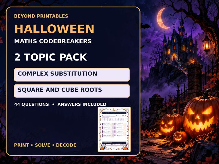 Halloween Maths Codebreaker Pack | Substitution with Powers and Roots