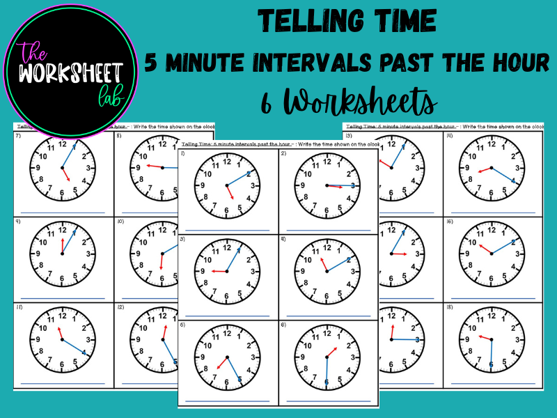 Telling Time: 5 Minute Intervals Past the Hour Worksheets