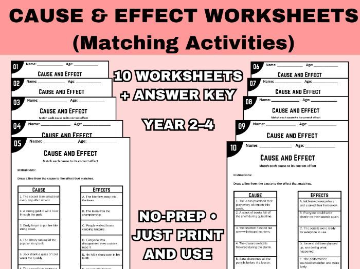 Cause and Effect Worksheets | Year 2–4 | Matching Activities | 10 Worksheets + answer key