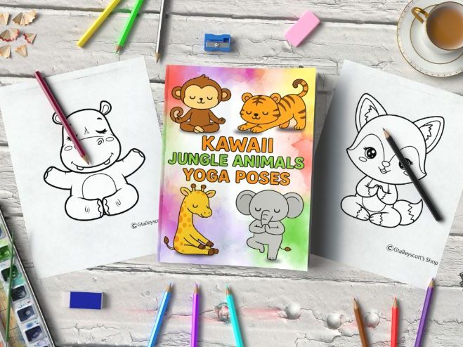 Kawaii Jungle Animals with Yoga Poses Coloring Pages for kids