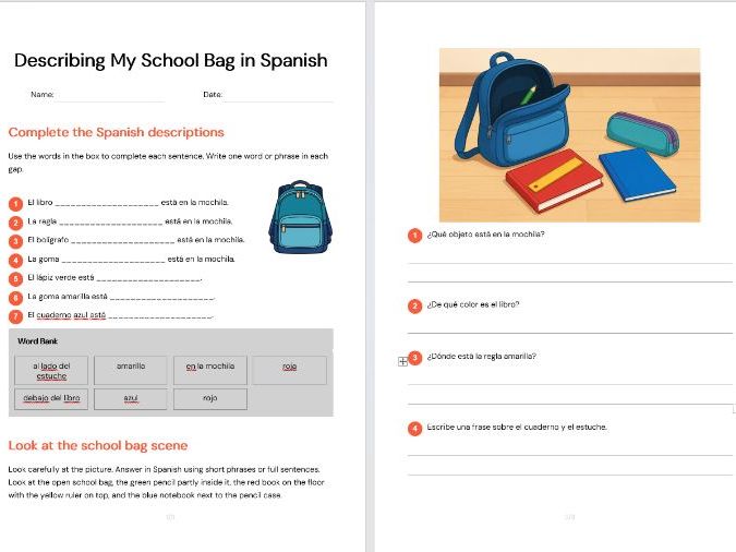 Spanish - describing my-school bag - prepositions and colours