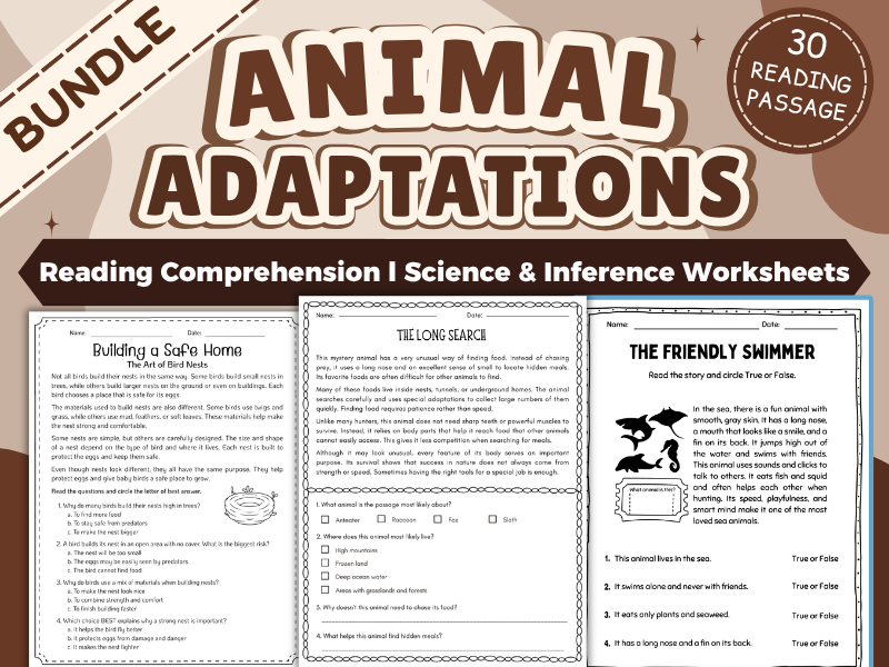 Animal Adaptations & Reading Comprehension Bundle | Science & Inference Worksheets