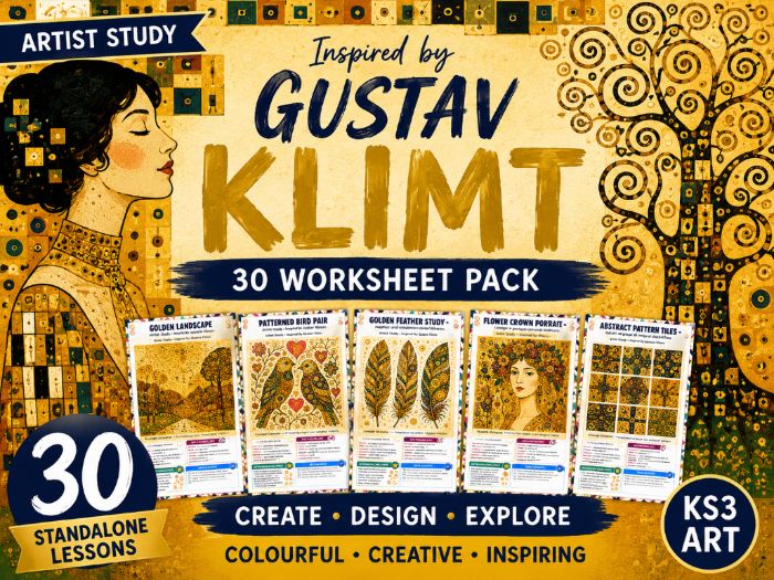 Gustav Klimt Art Worksheets | 30 KS3 Artist Study Lessons | Pattern, Portraits & Gold