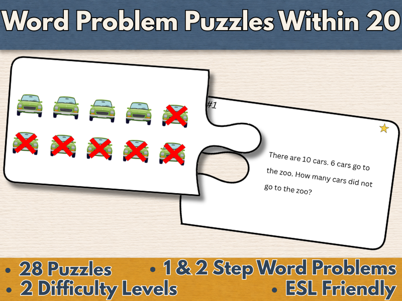 Word Problem Puzzles Within 20 | Addition & Subtraction Math Center | 1st Grade