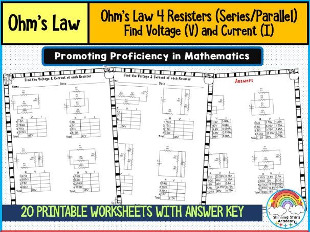 Ohm’s Law – 4 Resistors (Series/Parallel) (Find Voltage (V) and Current (I)) Worksheets | Circuit An