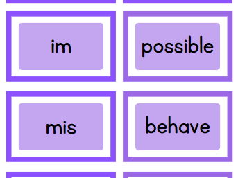 Prefix and root words cards for matching game