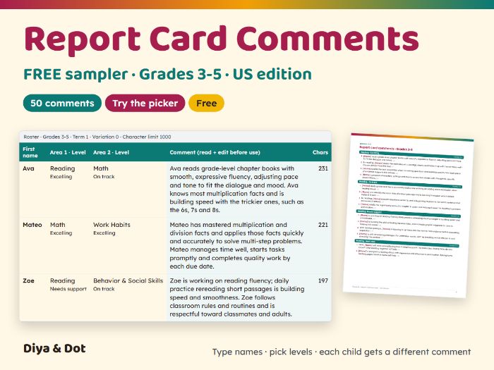 Free Report Card Comments: Grades 3-5