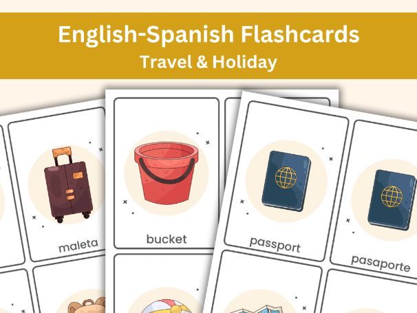 English - Spanish Flashcards – Travel & Holiday Vocabulary | 84 Bilingual Printable Cards for Kids