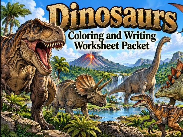 Dinosaurs Coloring & Writing Worksheet Bundle (25 Worksheets)