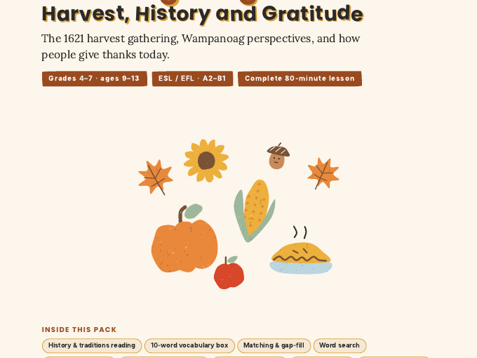 Thanksgiving ESL Lesson | History, Perspectives & Gratitude | Grades 4-7