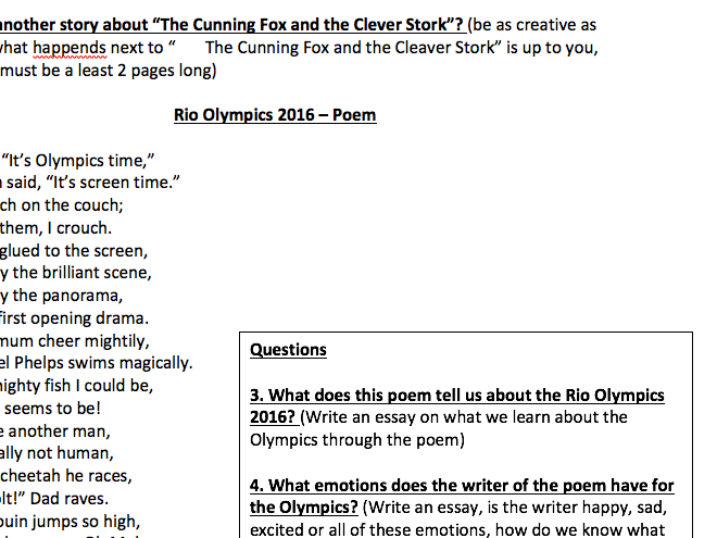 English Questions - Story and Poem followed by specific questions