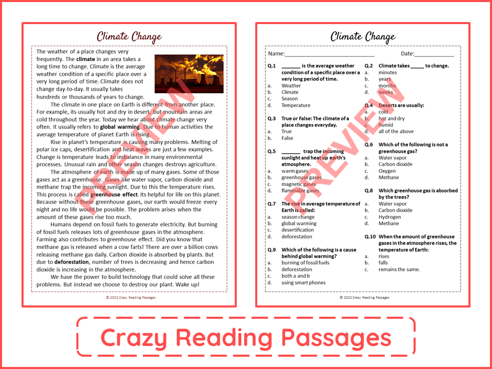 Climate Change Reading Comprehension Passage And Questions PDF