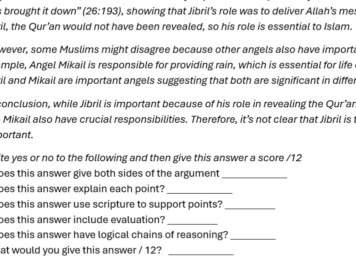 Angels - 12mk Question Examples Worksheet