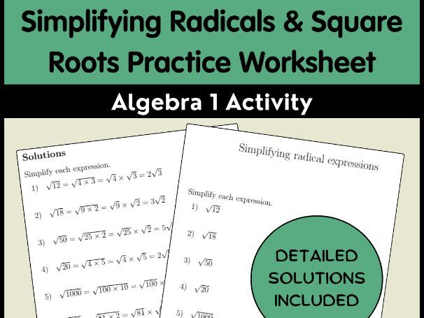Simplifying Radicals & Square Roots Practice Worksheet Algebra 1 Activity