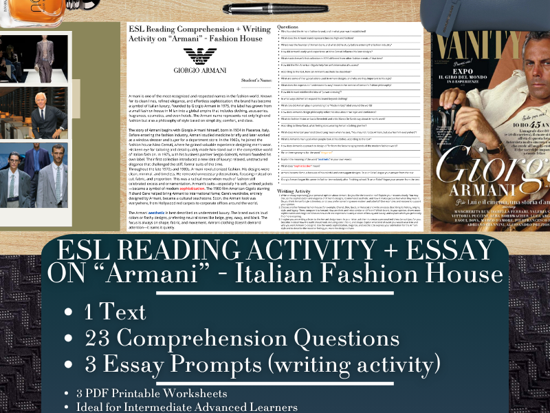 ESL Reading Comprehension + Writing Activity - Armani - Italian Fashion House