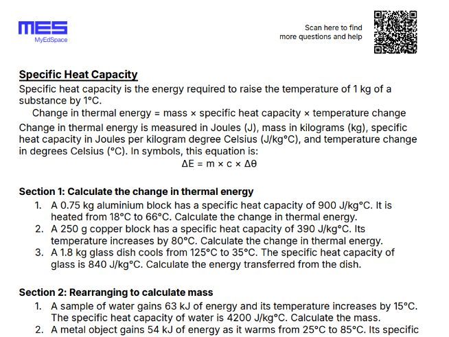GCSE Physics AQA HT Topic 1: Energy - Specific Heat Capacity Worksheet