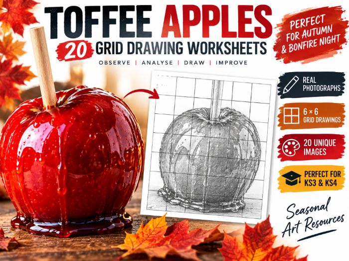 Toffee Apples Grid Drawing Worksheets | 20 Autumn & Bonfire Night Art Activities | KS3 & KS4