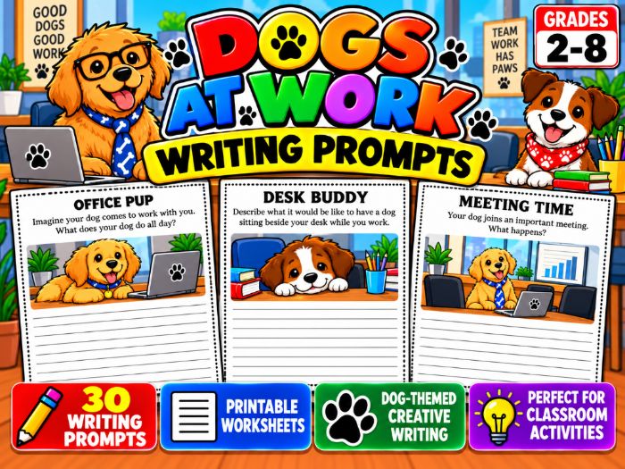 Dogs at Work Writing Prompts | 30 Printable Worksheets | Grades 2–8