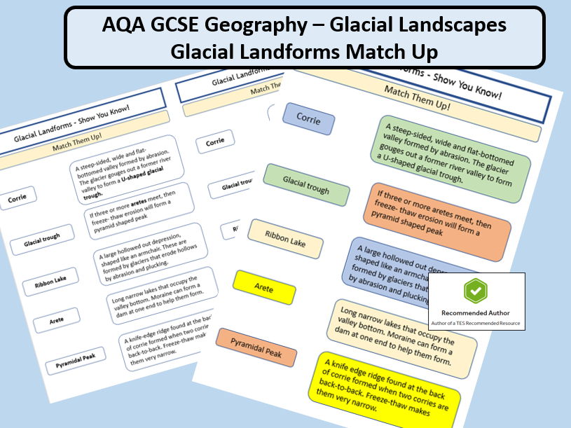 AQA Glacial Landscapes - Erosional Landforms Match up Activity Worksheet