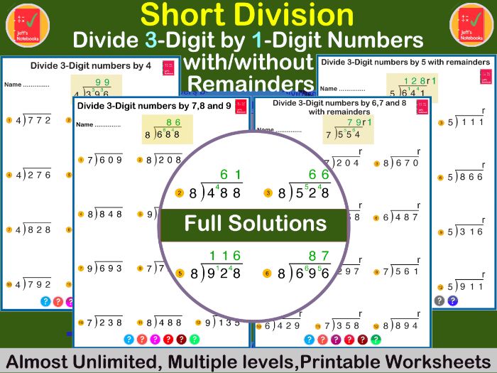 Short Division: 3-digit by 1-digit with & without remainders