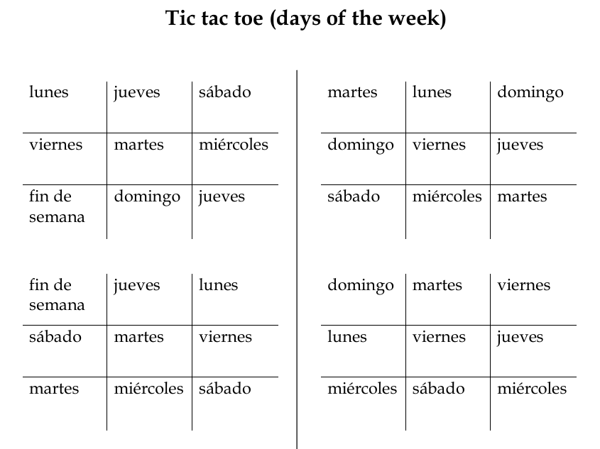Tic Tac Toe Spanish Days of the Week, los días de la semana
