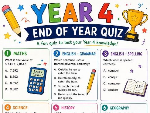 Year 4 End of Year Quiz – Fun Printable Classroom Review Activity