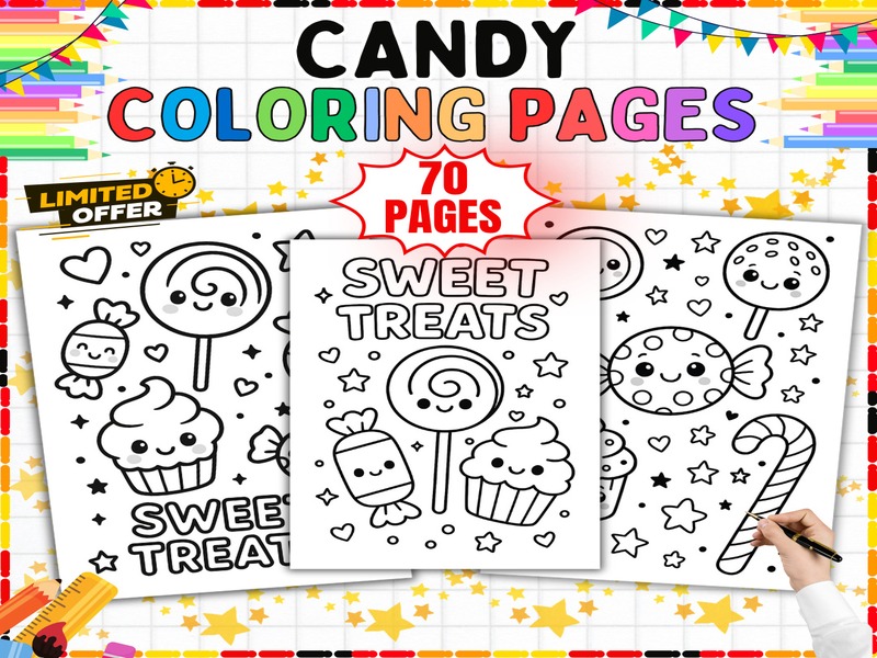 Sweet Treat Coloring Pages | 70 Page Coloring Sheets | Lollipops Cupcakes and Candy