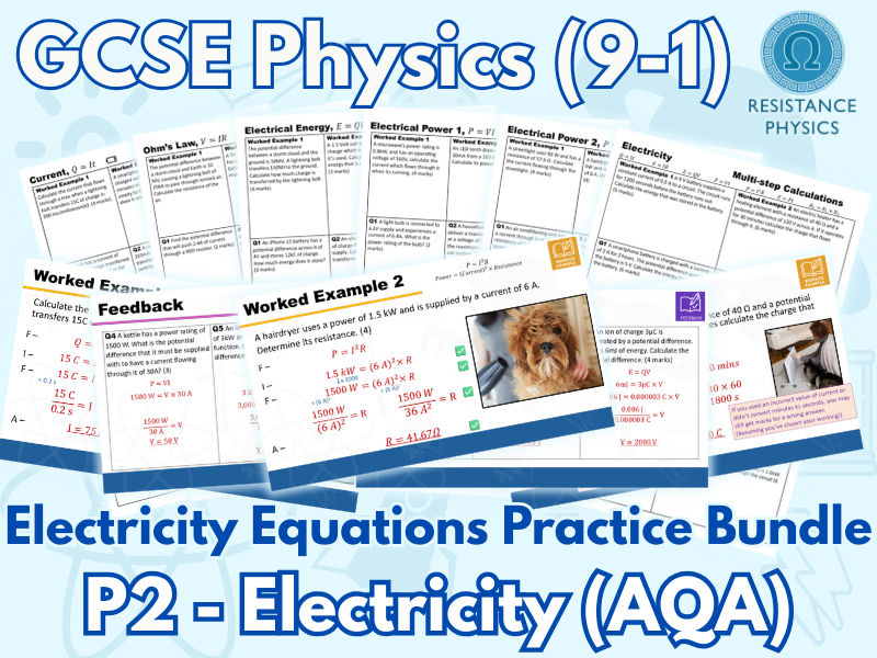 GCSE Physics | P2 Electricity Equation Calculation Bundle | Worked Examples and Answer Slides