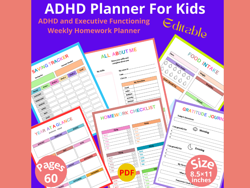 ADHD Planner For Kids, ADHD and Executive Functioning Weekly Homework Planner